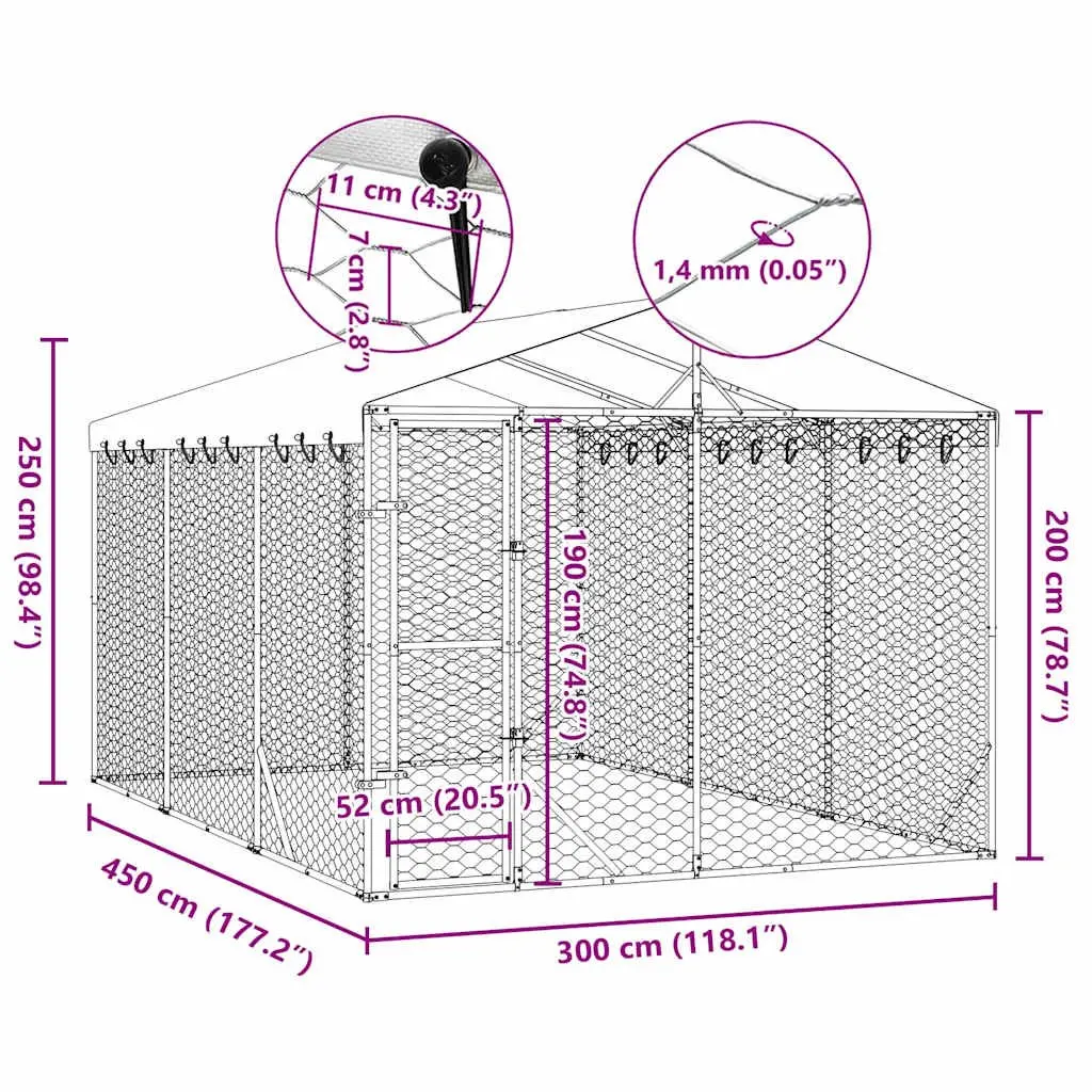 Outdoor Dog Kennel Run With Roof Galvanised Steel 3x4.5x2.5m Silver