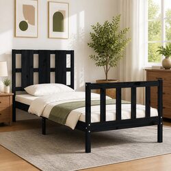 Solid Pine Wood Bed Frame 90x190 cm Black Wooden Bedroom Furniture Slats