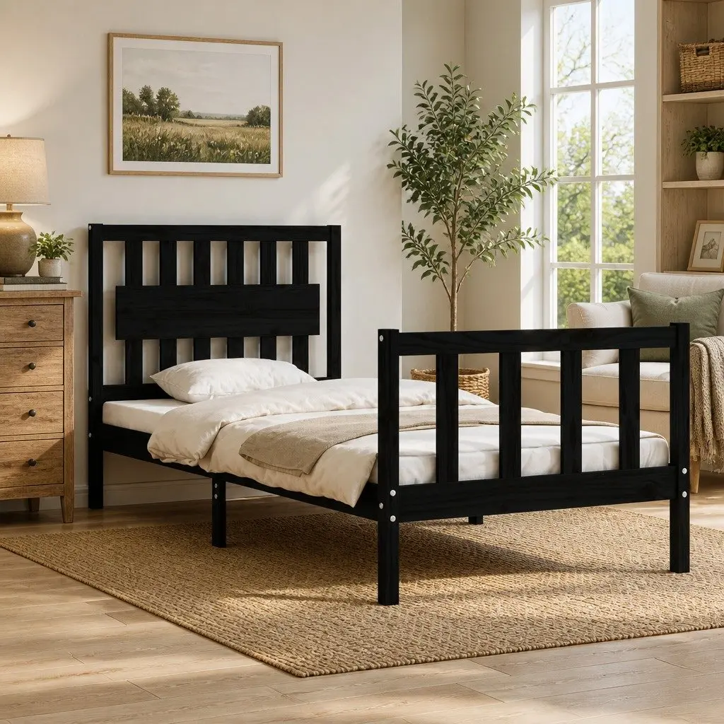 Bed Frame Solid Pine Wood 90x190 cm Black
