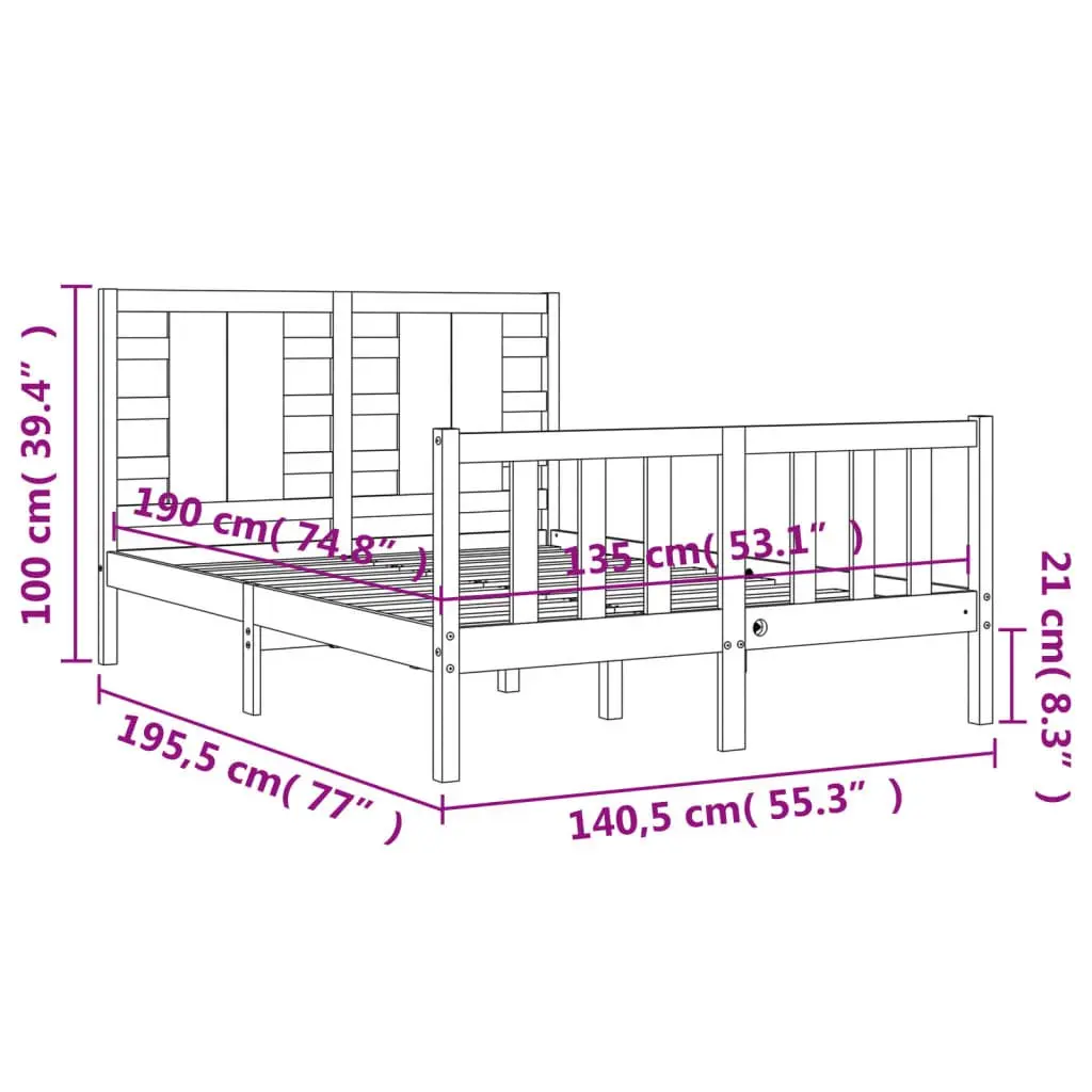 Solid Pine Wood Bed Frame Black 135x190 cm Wooden Bedroom Furniture
