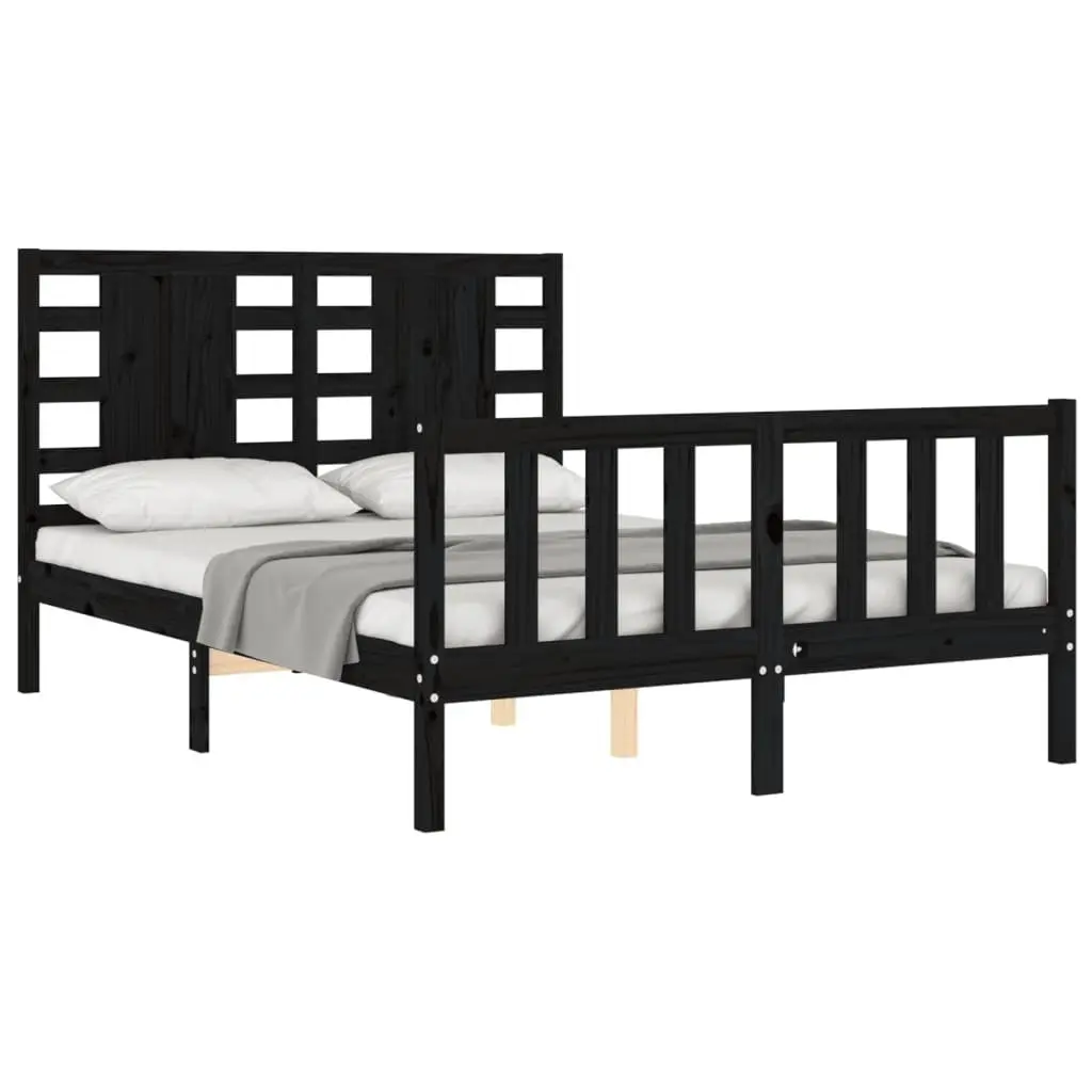 Solid Pine Wood Bed Frame Black 135x190 cm Wooden Bedroom Furniture