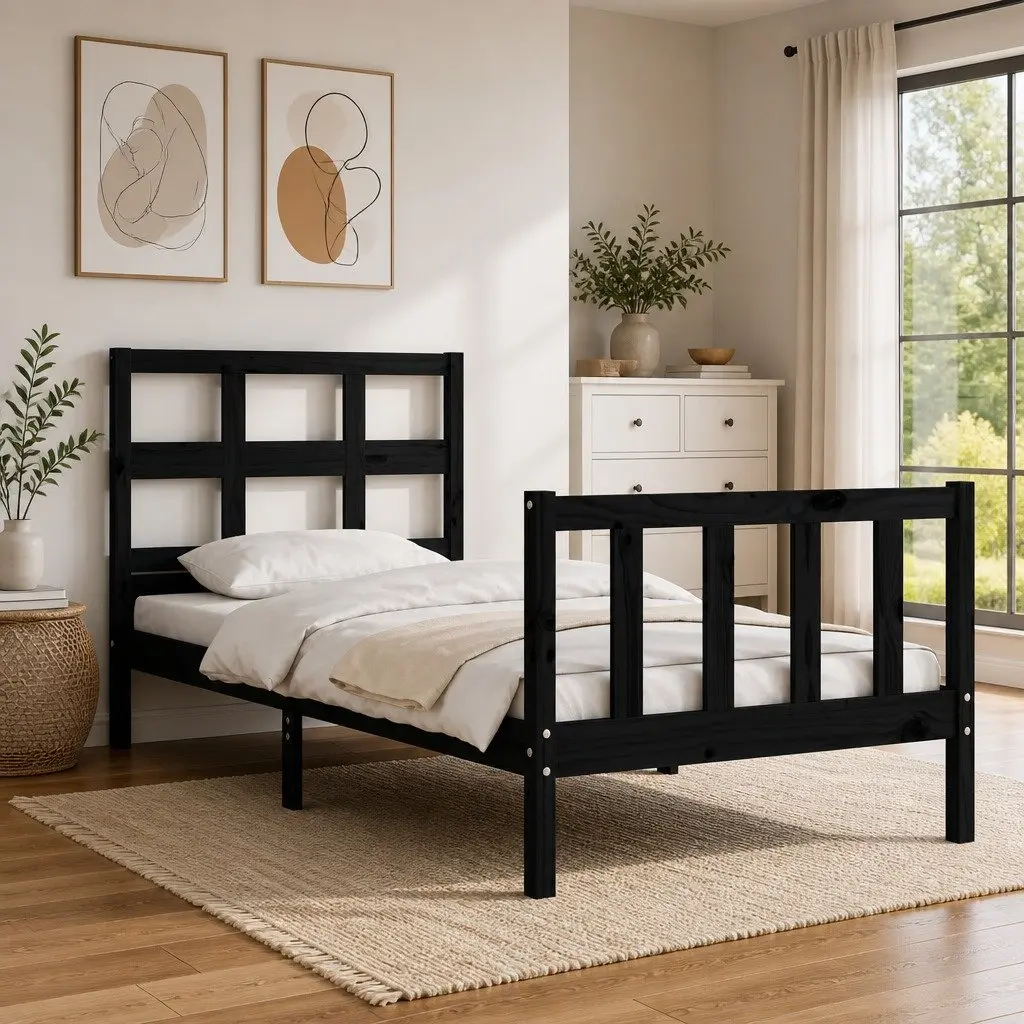 Wooden Bed Frame Solid Pine 90x190 cm Black with Plywood Slats