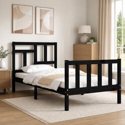 Solid Wood Bed Frame Pine 90x190 cm Black Single Wooden Bedroom Furniture