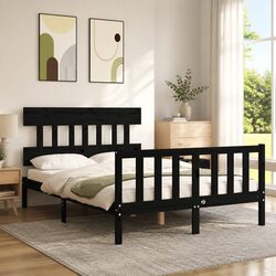 Solid Wood Pine Bed Frame 135x190 cm Black Wooden Bedroom Furniture Headboard