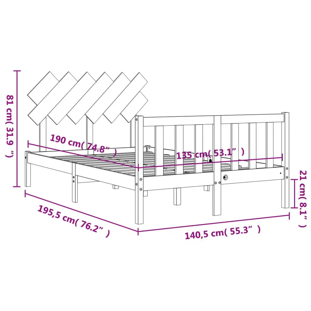 Wooden Bed Frame Solid Pine Black 135x190 cm with Headboard