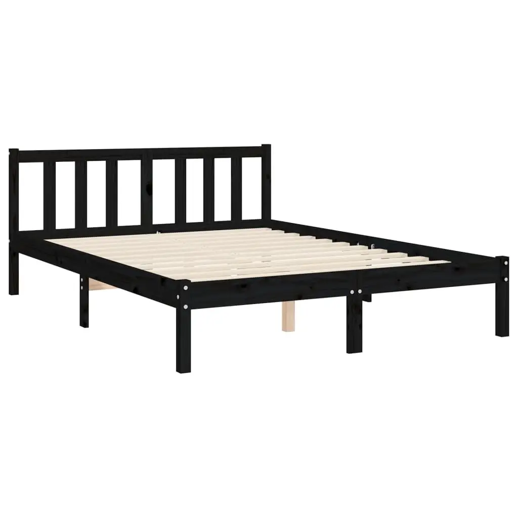 Wooden Bed Frame Solid Pine Black 135x190 cm with Headboard