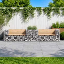 Outdoor Garden Bench with Gabion Basket Base Solid Pine Wood Backyard Seating