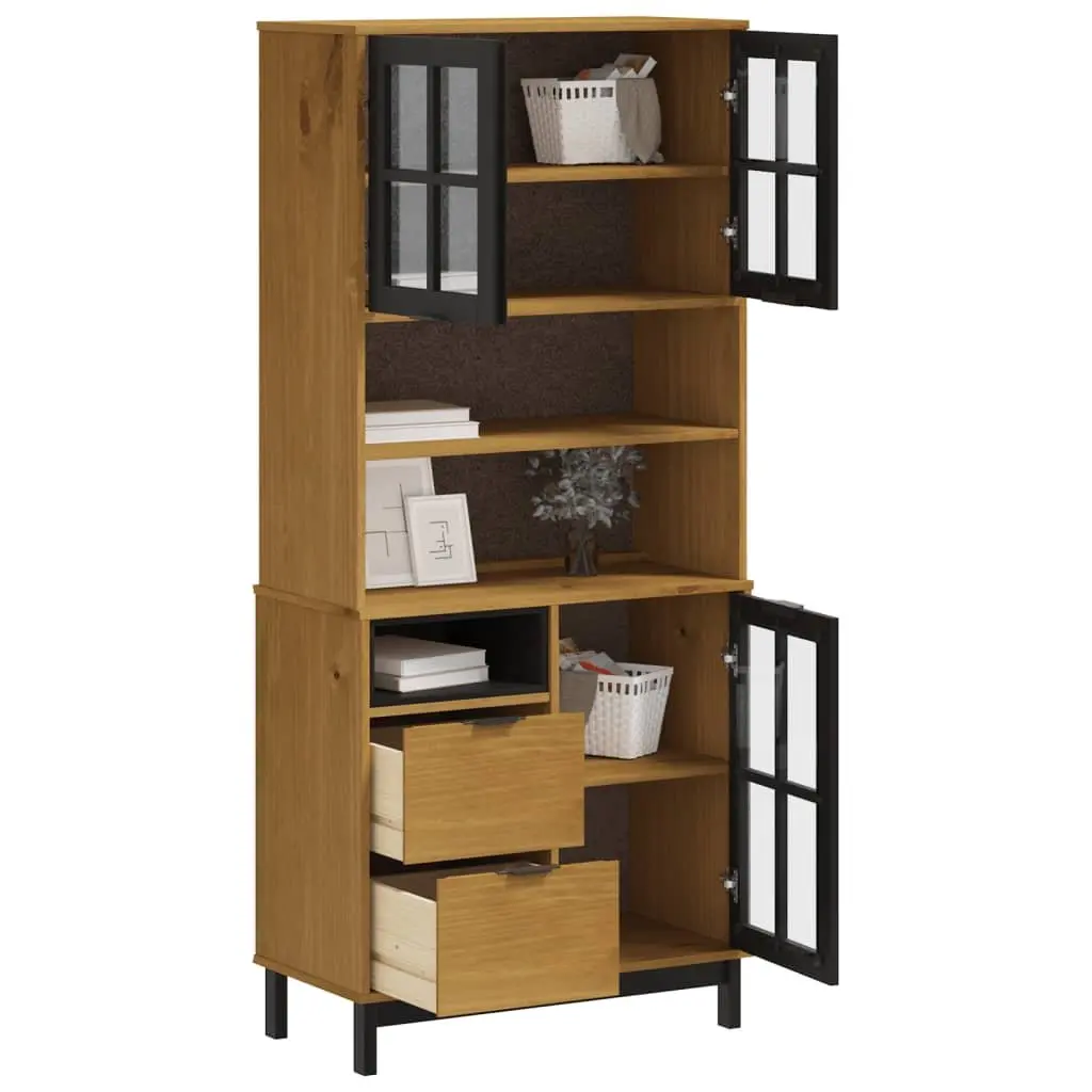 Highboard Storage Cabinet Solid Pine Wood Glass Doors Shelves Drawers Brown 80W x 40D x 180H cm