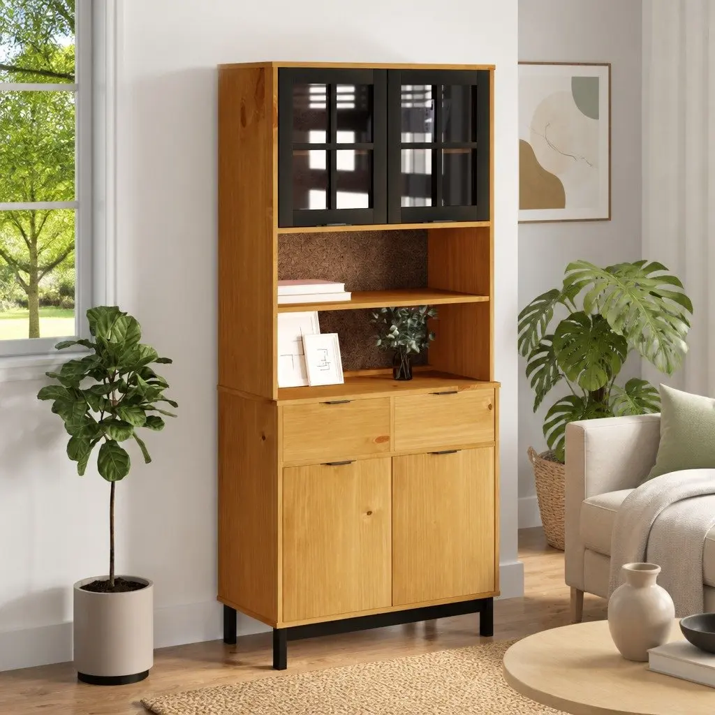 Highboard Solid Pine Wood Storage Cabinet with Glass Doors Shelves Drawers Brown 80x40x180 cm