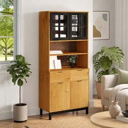 Highboard with Glass Doors Brown Solid Wood Storage Cabinet Shelves Drawers