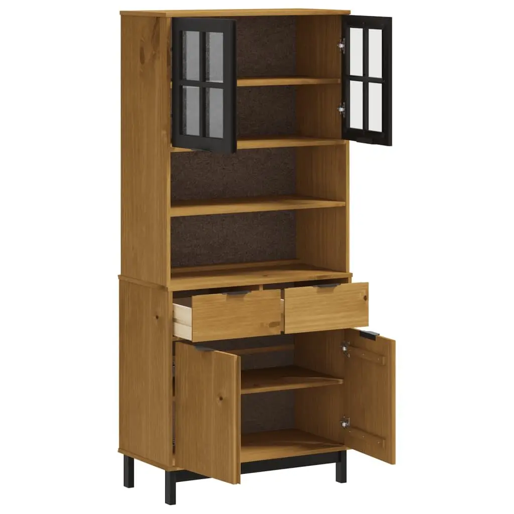 Highboard Solid Pine Wood Storage Cabinet with Glass Doors Shelves Drawers Brown 80x40x180 cm