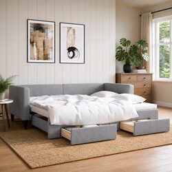 Daybed with Trundle and Storage Drawers Sofa Bed Guest Sleeping Grey 90x190cm