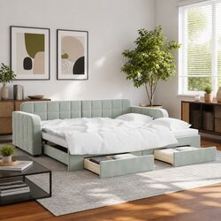 Daybed with Trundle and Storage Drawers Sofa Bed Grey 90x190cm Guest Bedroom