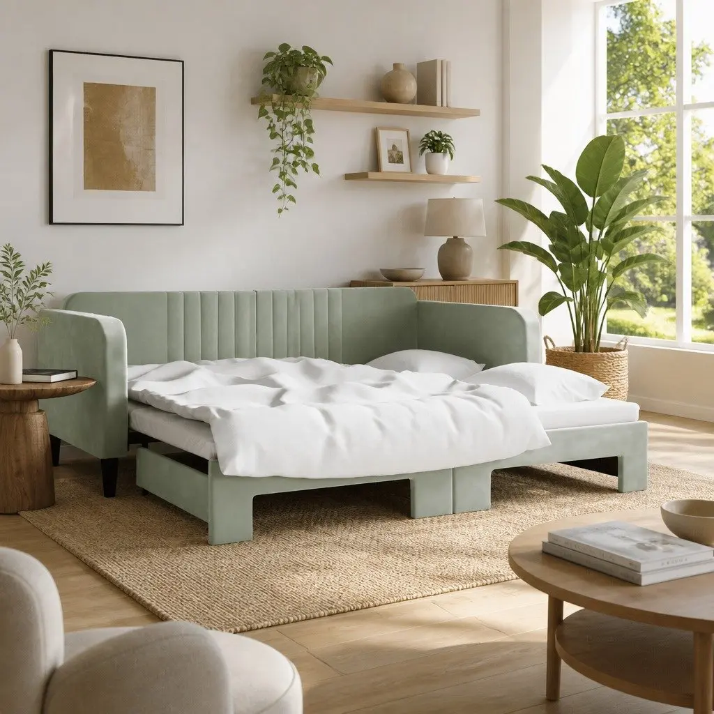 Daybed with Trundle 90x190 cm Grey Wood Metal Velvet Modern