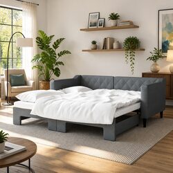 Daybed with Trundle Sofa Bed Grey 90x190cm Modern Design Wood Metal Frame