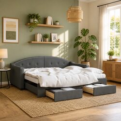 Daybed with Trundle and Storage Drawers Sofa Bed Grey 90x190 cm Guest Furniture