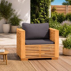 Outdoor Sectional Sofa Chair Grey Cushions Solid Teak Wood Garden Seating Unit