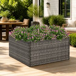 Garden Planter Poly Rattan Outdoor Flower Bed Grey 80x80x40cm Steel Frame