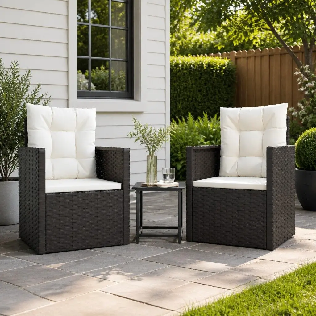3 Piece Outdoor Lounge Set Poly Rattan Garden Furniture with Cushions Black