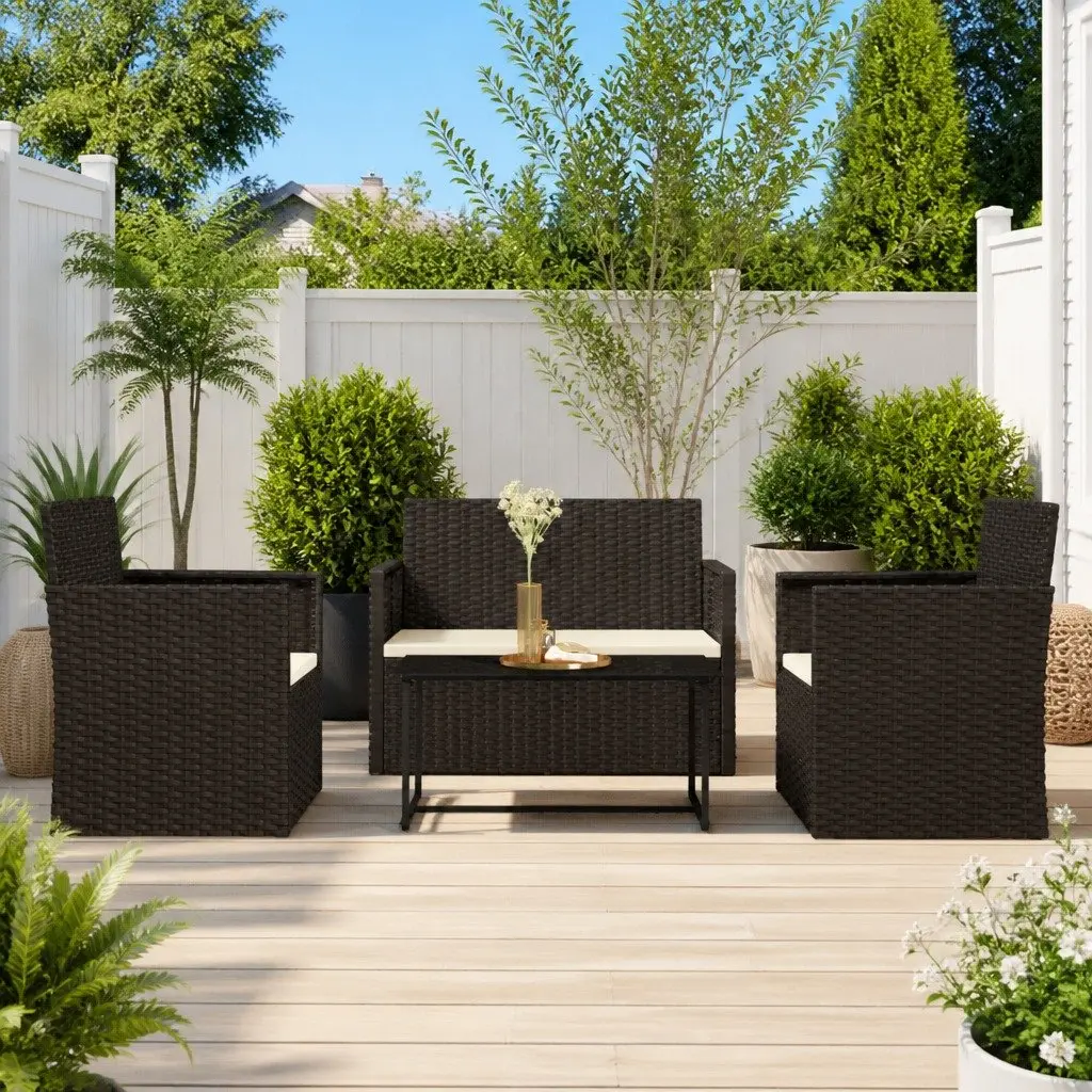 Outdoor Lounge Set 4 Piece Poly Rattan Garden Furniture with Cushions Black
