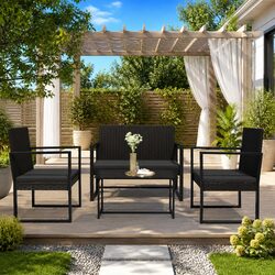 4 Piece Garden Lounge Set Outdoor Patio Sofa with Cushions Black Poly Rattan
