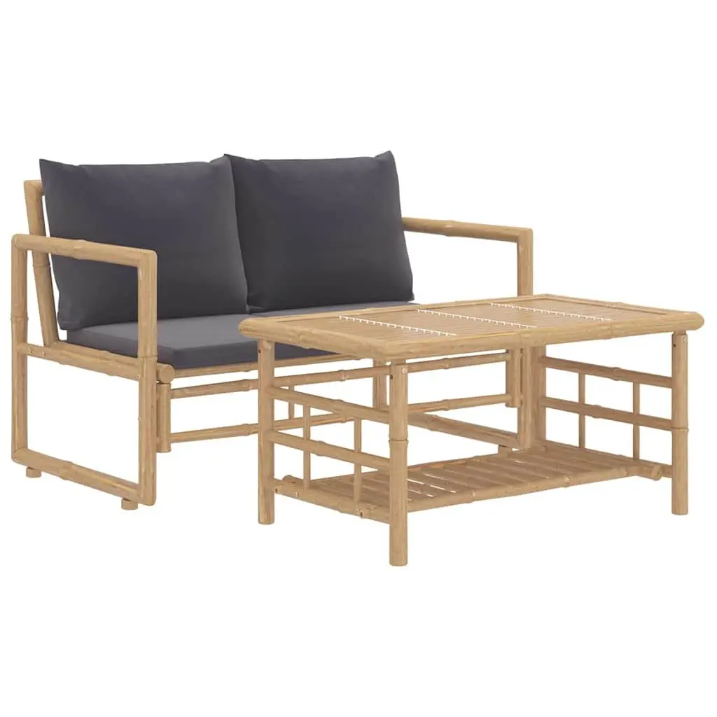 2 Piece Bamboo Garden Lounge Set with Grey Cushions Outdoor Patio Furniture