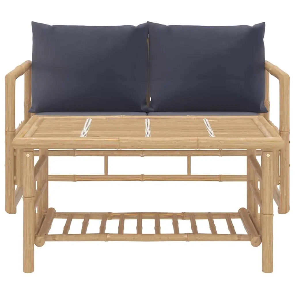 2 Piece Bamboo Garden Lounge Set with Grey Cushions Outdoor Patio Furniture