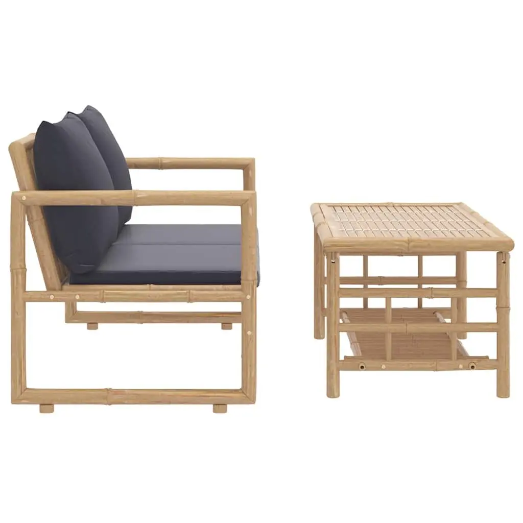 2 Piece Bamboo Garden Lounge Set with Grey Cushions Outdoor Patio Furniture