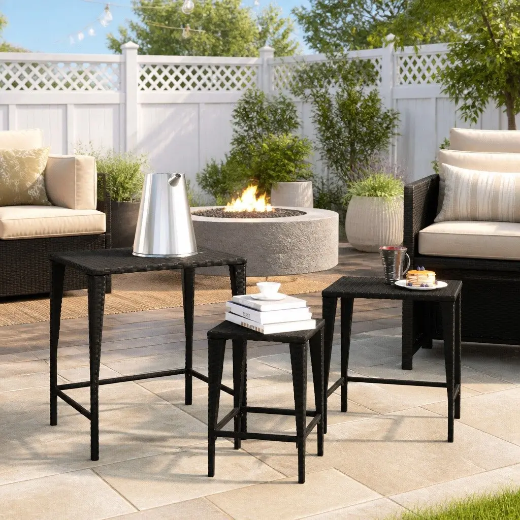 Nesting Tables Set 3 Piece Black PE Rattan Steel Frame Stackable Storage Coffee Table