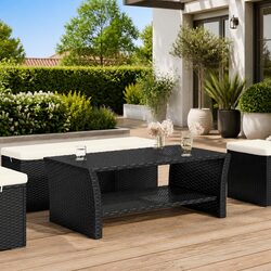 Coffee Table Black Outdoor Garden Patio Poly Rattan with Steel Frame Shelf
