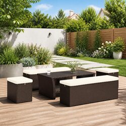 Outdoor Ottomans with Cushions 2 pcs Brown Poly Rattan Footrest Garden Seating