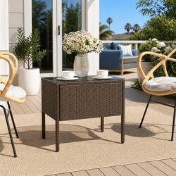 End Table Brown 53x37x48 cm Poly Rattan Tempered Glass Side Table Indoor Outdoor