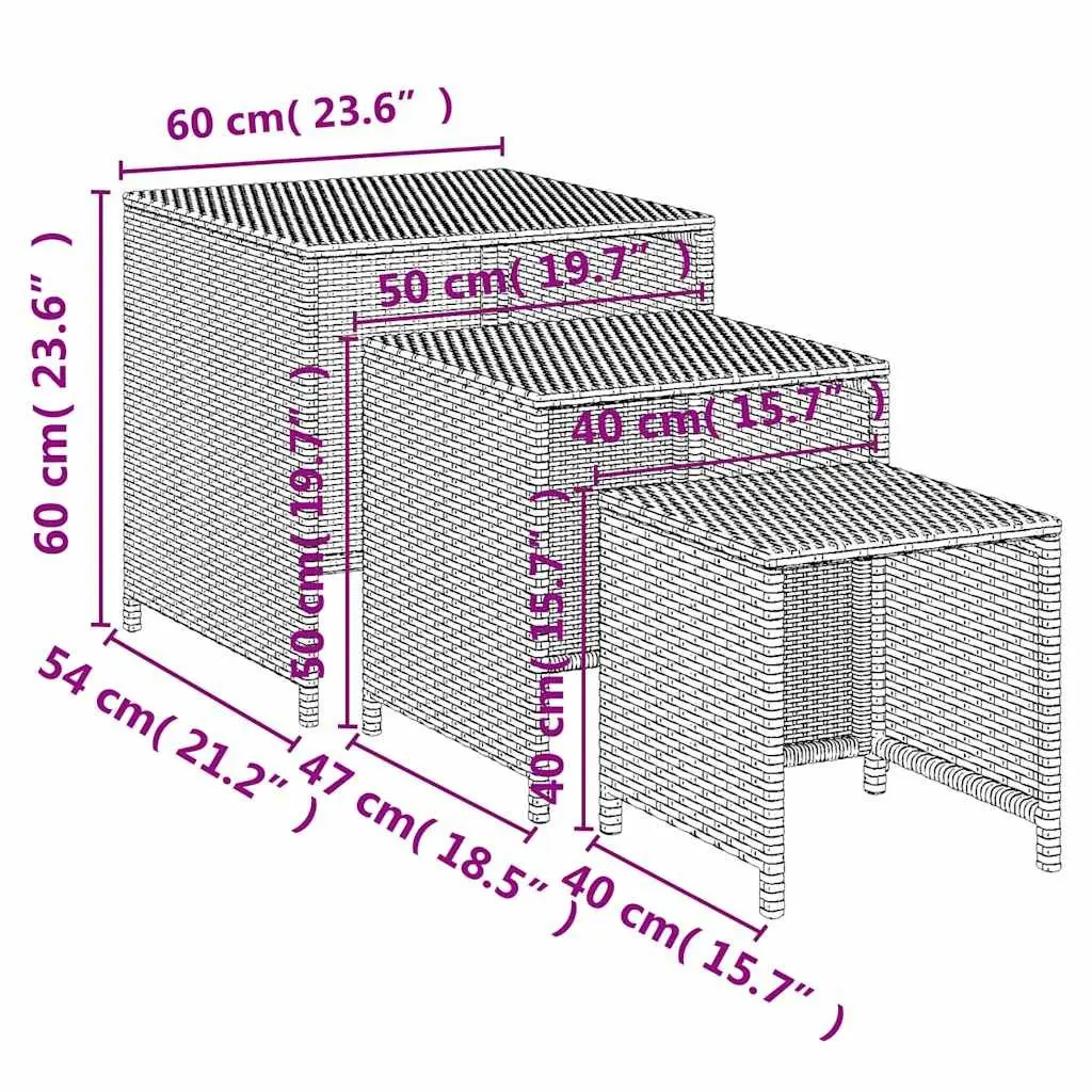 Nesting Tables 3 Pieces Black Poly Rattan End Side Coffee Tables Storage