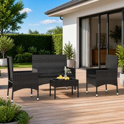 Garden Lounge Set 4 Piece Outdoor Furniture Black Poly Rattan with Cushions