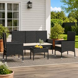 4 Piece Garden Lounge Set Outdoor Furniture with Cushions Black Poly Rattan