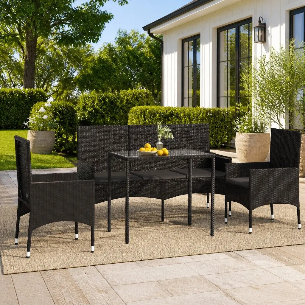 4 Piece Outdoor Garden Lounge Set Black Poly Rattan Furniture with Cushions