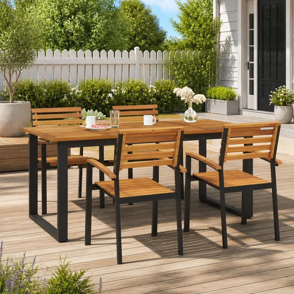Garden Dining Table Solid Acacia Wood U-shaped Metal Legs Brown 180 x 90 x 75 cm