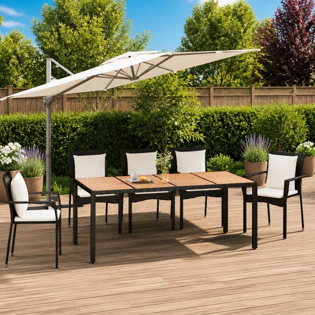 Outdoor Garden Table Acacia Wooden Top Poly Rattan Frame Black