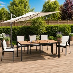 Outdoor Garden Table Poly Rattan Black Frame Acacia Wooden Top Patio Furniture