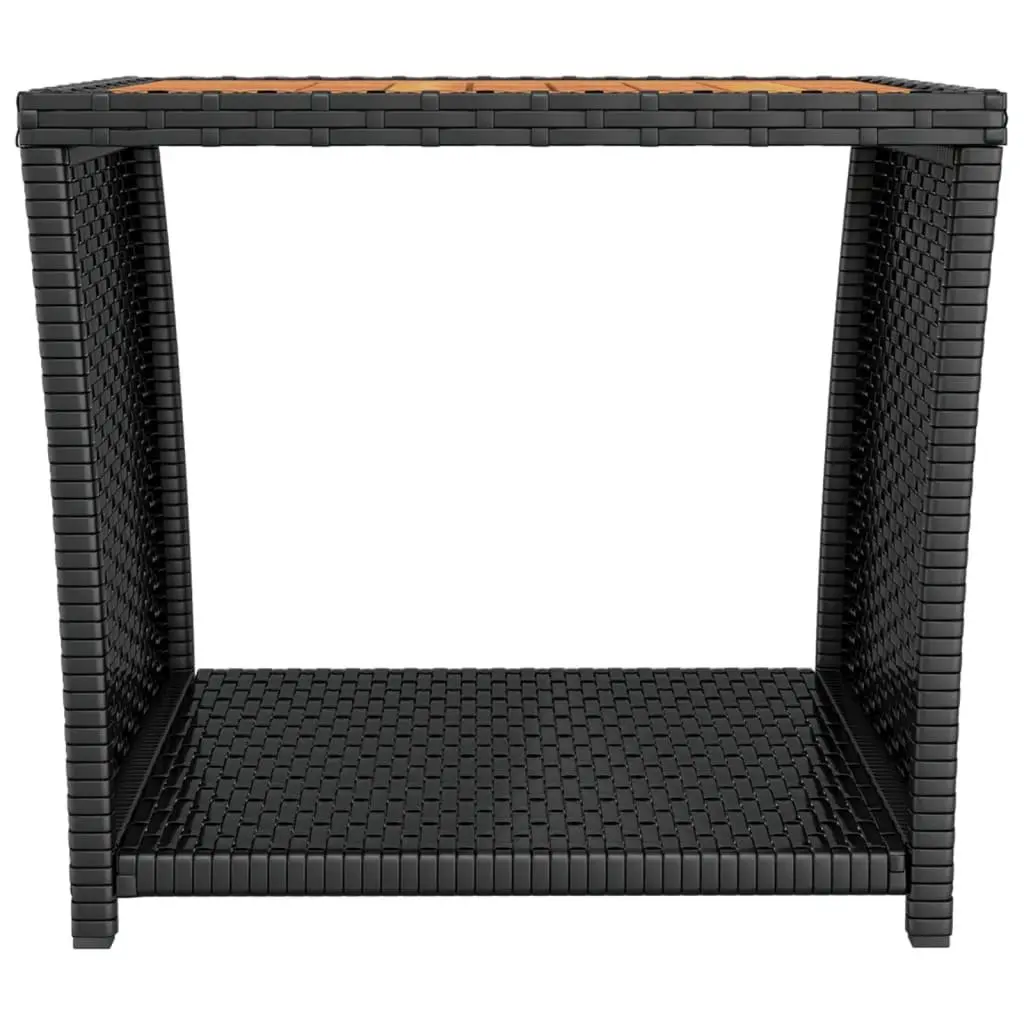 Outdoor Tea Table Wooden Top Poly Rattan Frame Garden Patio Side Table Black