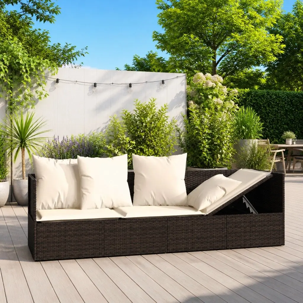 Outdoor Lounge Bed Adjustable Backrest Poly Rattan Cushions Brown