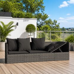 Outdoor Lounge Bed with Cushions Grey Poly Rattan Sun Lounger Adjustable Garden