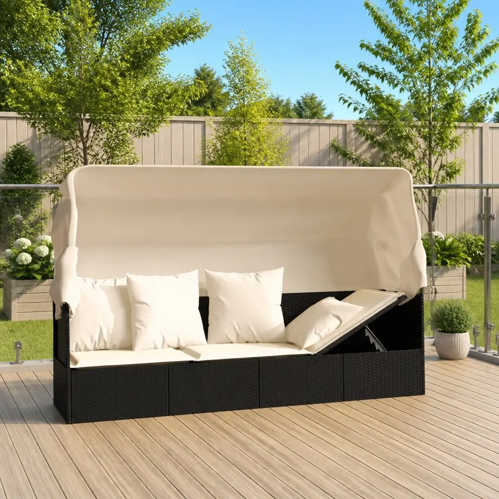 Outdoor Lounge Bed Adjustable Roof Cushions Black Poly Rattan