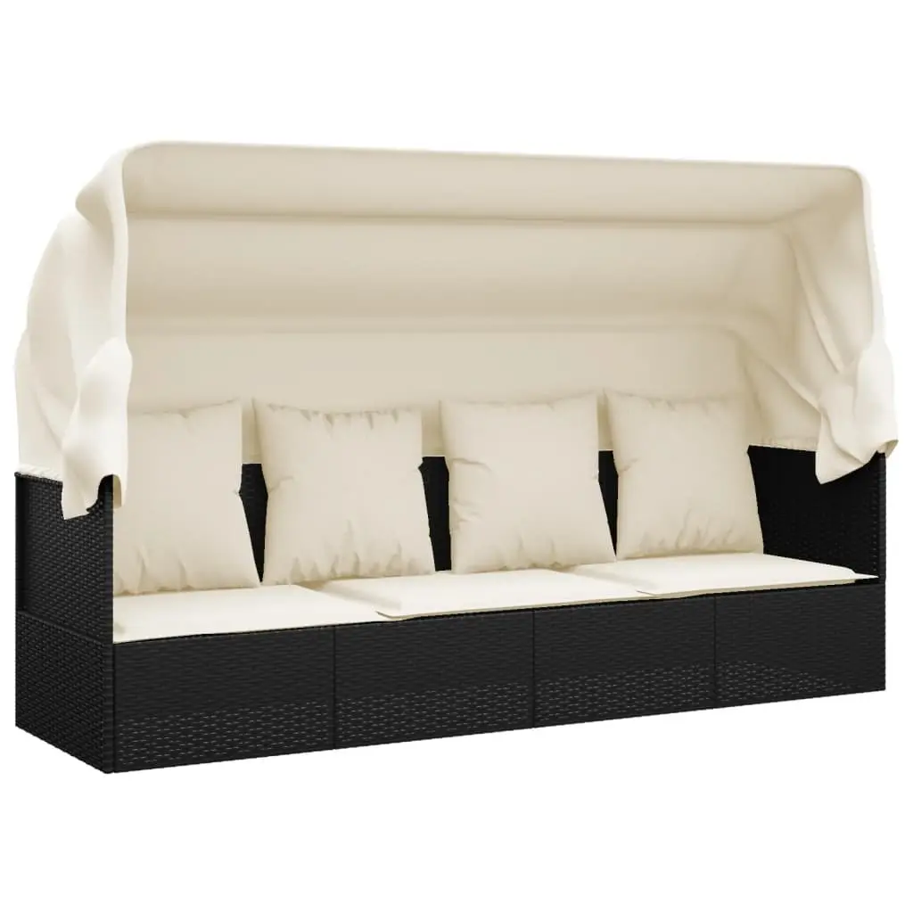 Outdoor Lounge Bed Adjustable Roof Cushions Black Poly Rattan