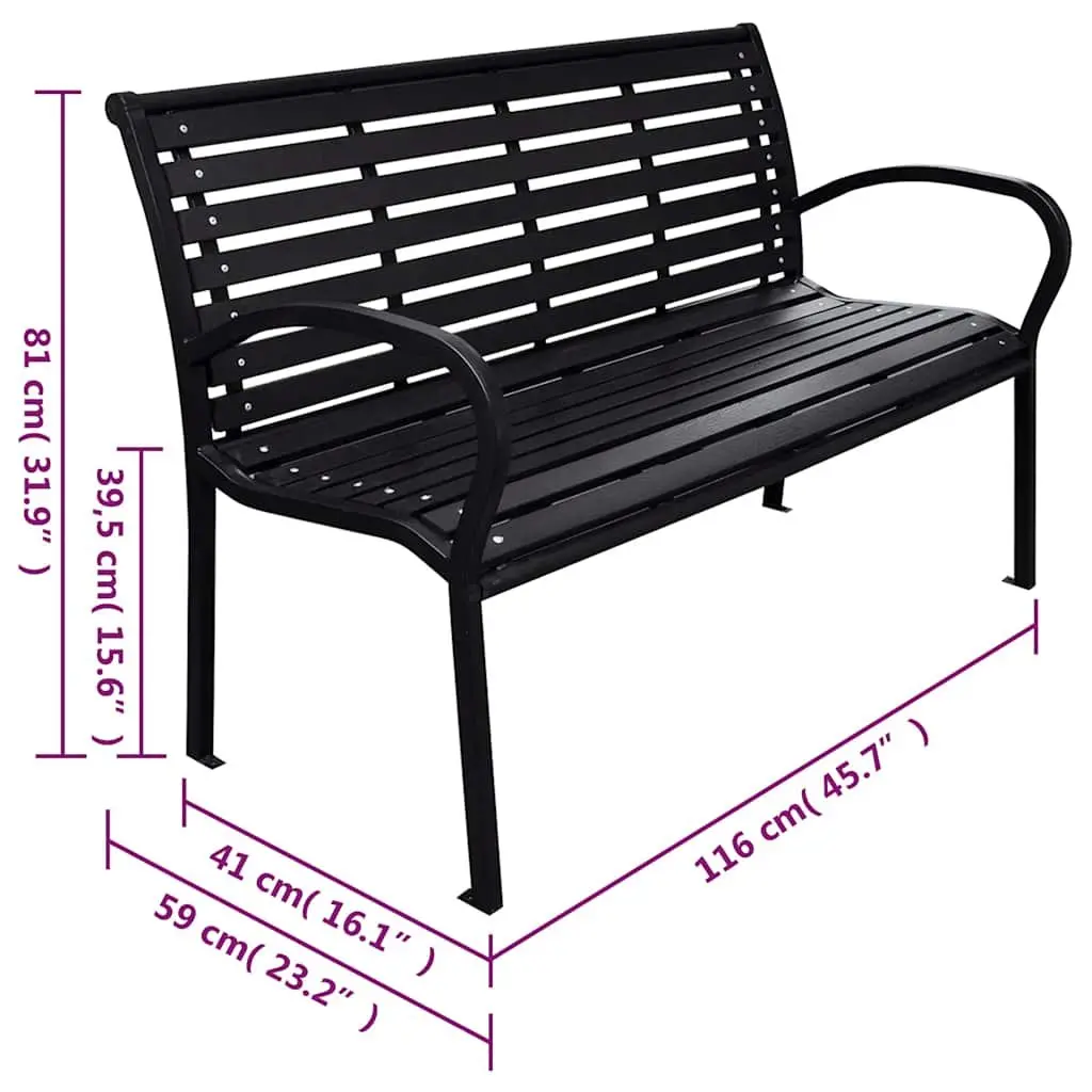 Garden Bench Outdoor Seating 116cm Black Steel WPC Slats Backrest Patio