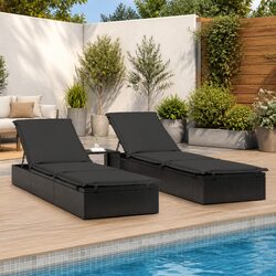 Sun Loungers 2 pcs with Table Black Poly Rattan Outdoor Seating Adjustable