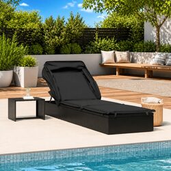 Sun Lounger Foldable Roof Adjustable Reclining Daybed Outdoor Patio Garden