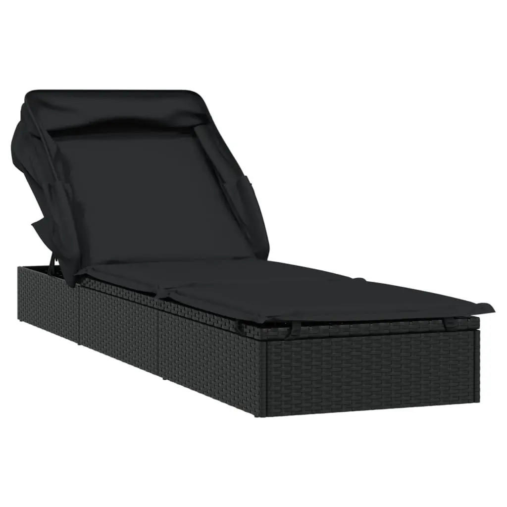Sun Lounger Adjustable Reclining Foldable Roof Outdoor Patio Garden Black