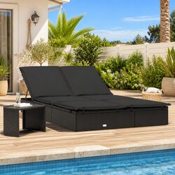 2-Person Sunbed Lounger with Cushions Black Poly Rattan Adjustable Daybed
