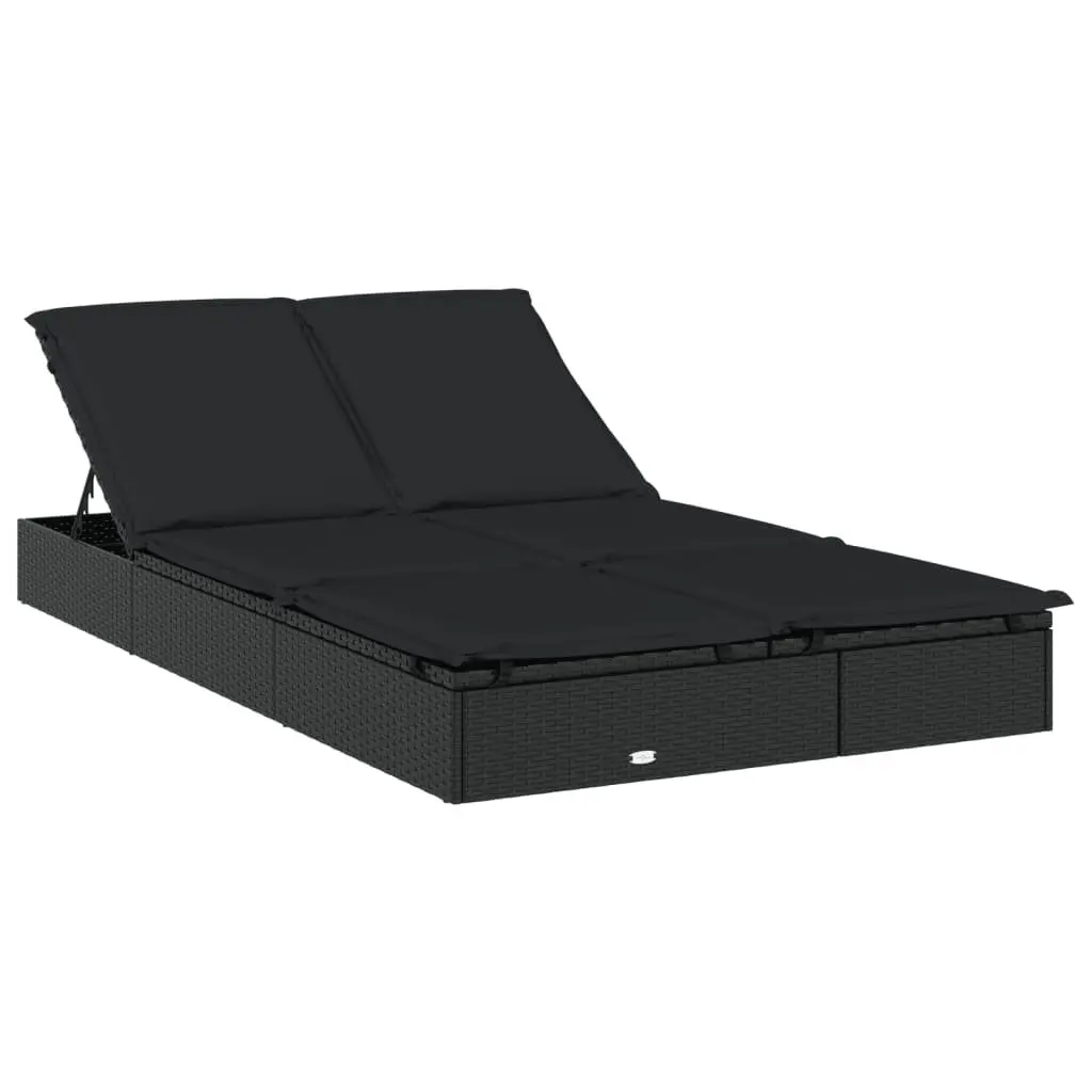 2-Person Sunbed Lounger with Cushions Black Poly Rattan Adjustable Daybed